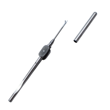 Intraocular Scissors, Straight, Delicate Serrated 3mm Blades, Pointed Tips, 2mm Diameter/33mm Long Tubular Shaft, Serrated Squeeze Handle, Polished Finish, Tip Guard, Overall Length 5-3/4" (146mm) 913959,May-02,E3391